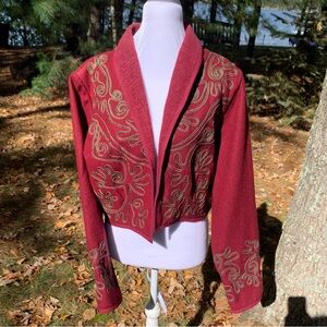 VTG New Identity Cropped Jacket Bolero‎ Women Sz L Burgundy Red Embroidered Wool
